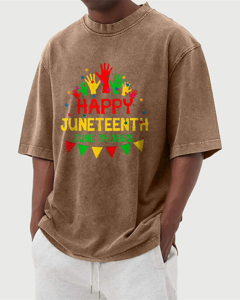S-5XL Happy Juneteenth 1865 Colorful Palm Printed Wash Water Dressed T-Shirt