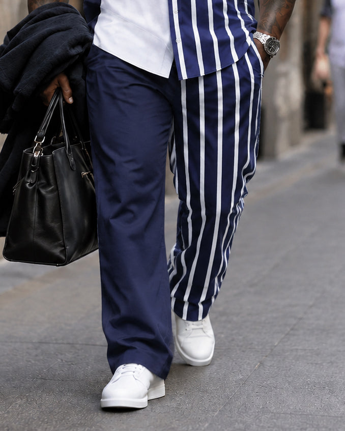 Big & Tall Men's Shark-stripe Paneling Prints Long Sleeve Shirt Pants Set