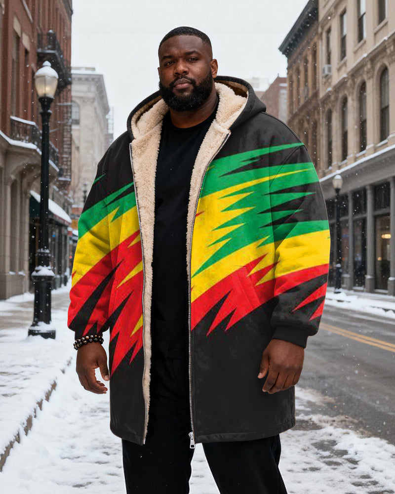Big & Tall Men's Black Yellow Green Red Lightning Print Velvet Thickened Long Hooded Coat