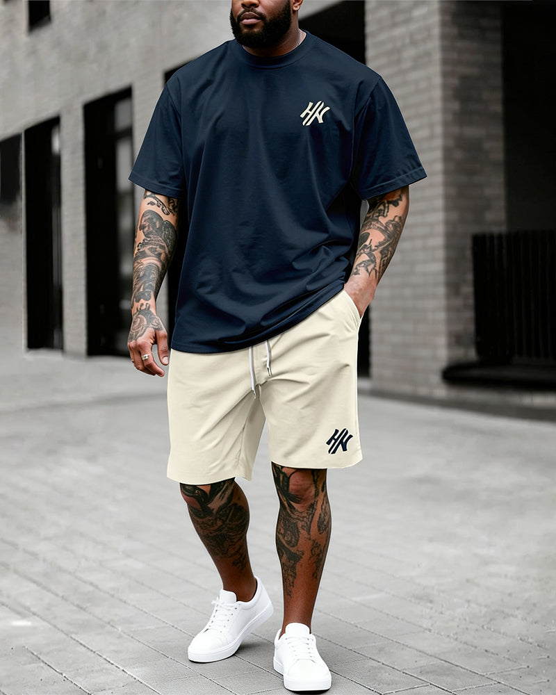 Big & Tall Men's Dark Brown Letter Print Round Neck Short Sleeve T-Shirt and Shorts Set