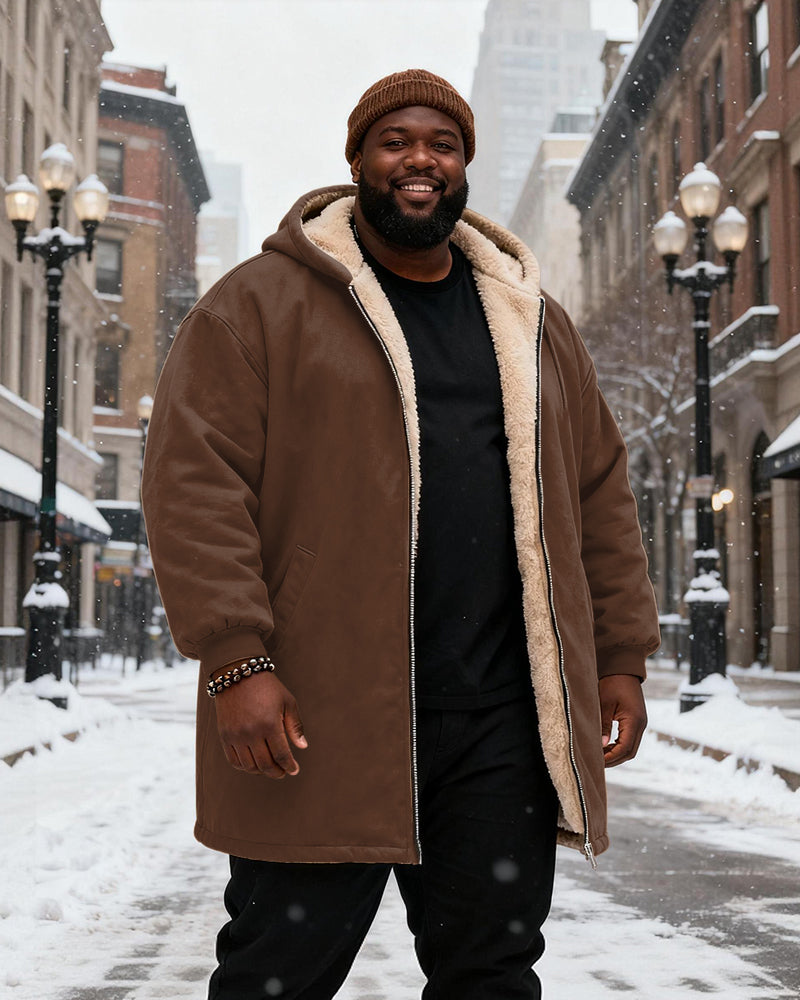 Big & Tall Men's Solid Color Velvet Thickened Long Hooded Coat