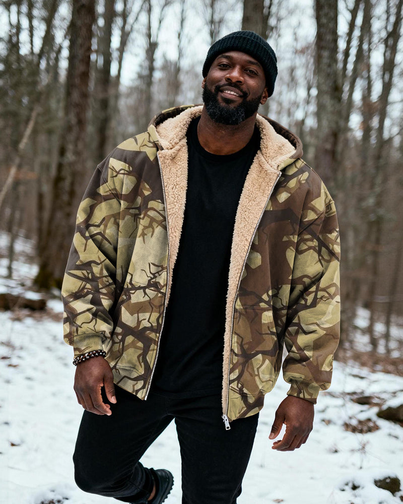 Big & Tall Men's Hunting Style Branch Camouflage Print Velvet Thickened Zipper Cardigan Hoodie