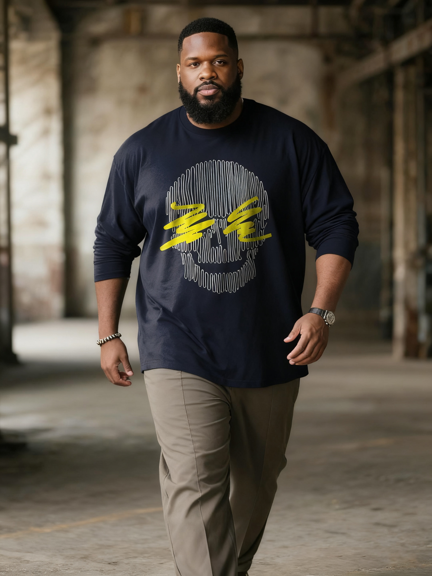 Big & Tall Men's Blue Skull Line Print Long Sleeve Tee
