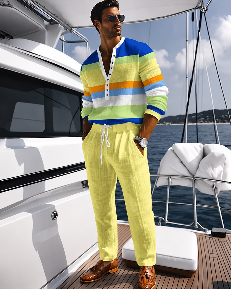 S-3XL Colorful Stripe Printed Henry Collar Shirt Drawstring Pants Two-Piece Set