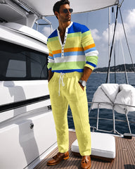 S-3XL Colorful Stripe Printed Henry Collar Shirt Drawstring Pants Two-Piece Set
