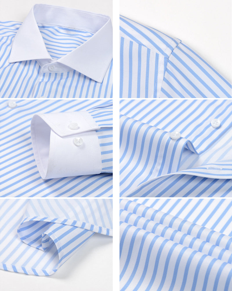 S-3XL Men's Business Stripe Windsor Collar Stretch Long Sleeve Shirt-Free Ironing