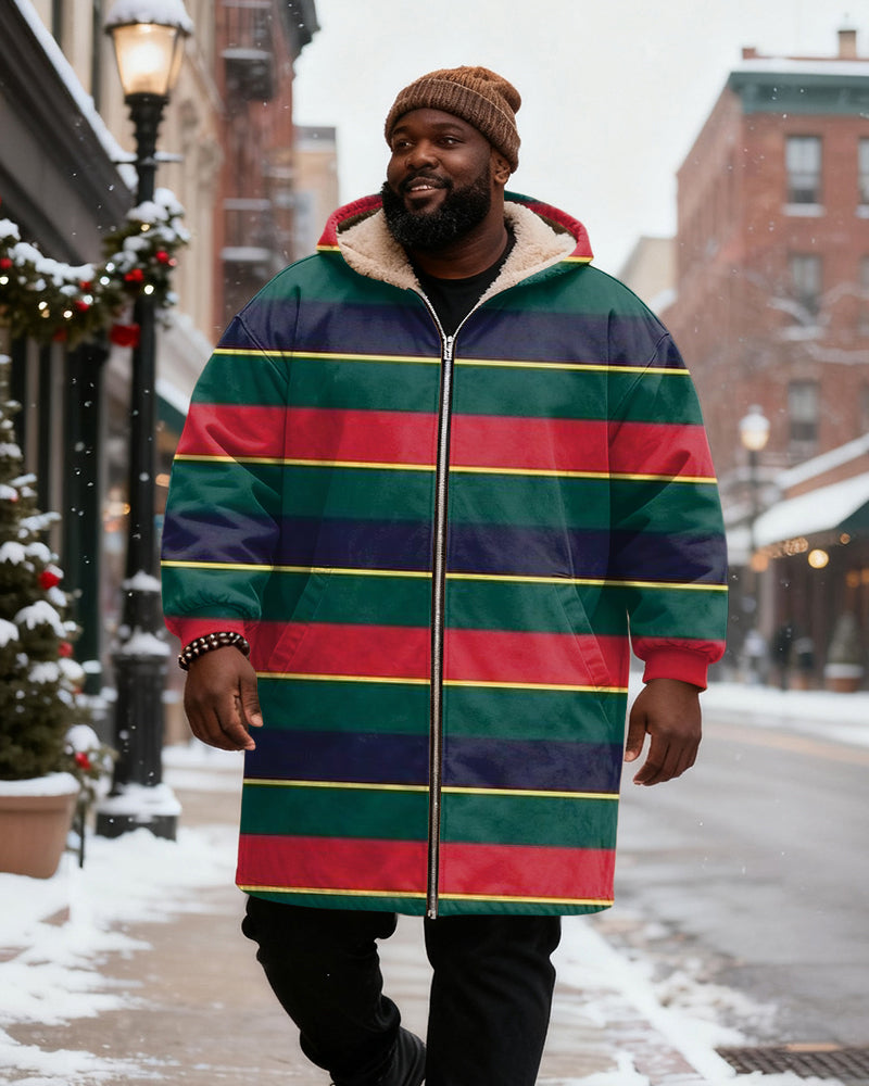 Big & Tall Men's Red, Green, Purple And Yellow Contrast Striped Printed Velvet Padded Long Hooded Coat