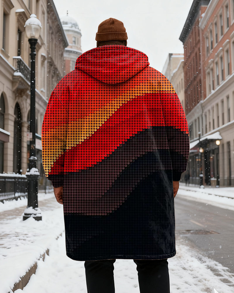 Big & Tall Men's Red Orange Brown Black Pixel Wind Contrast Color Printing Velvet Thickened Long Hooded Coat