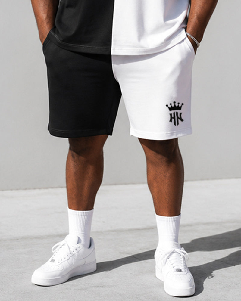 Big & Tall Men's Black And White Checkerboard Stitching Crown Printed Round Neck Short Sleeve T-shirt Shorts Set