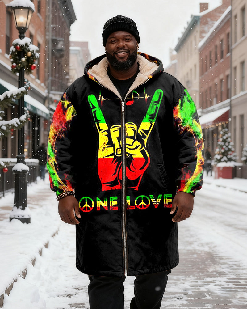 Big & Tall Men's Reggae Peace Gesture ONE LOVE Printed Velvet Thickened Long Hooded Coat