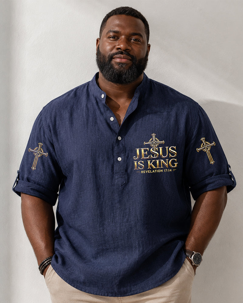 Big & Tall Men's JESUS IS KING Cross-print Stand-collar Mid-sleeve Shirt