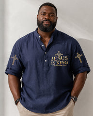 Big & Tall Men's JESUS IS KING Cross-print Stand-collar Mid-sleeve Shirt