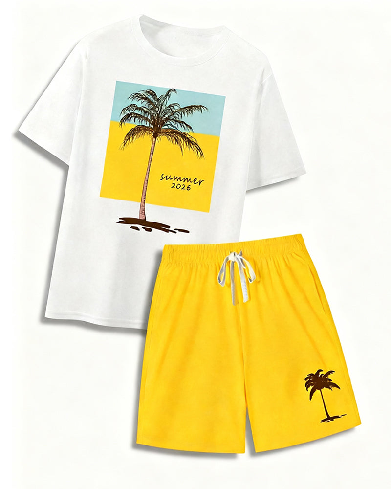 Big & Tall Men's Summer Coconut Print Round Neck Short Sleeve T-Shirt Shorts Set