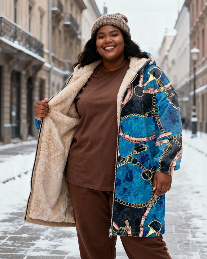 Women's Blue Bottom Chain Belt Printed Velvet Thickened Long Hooded Coat