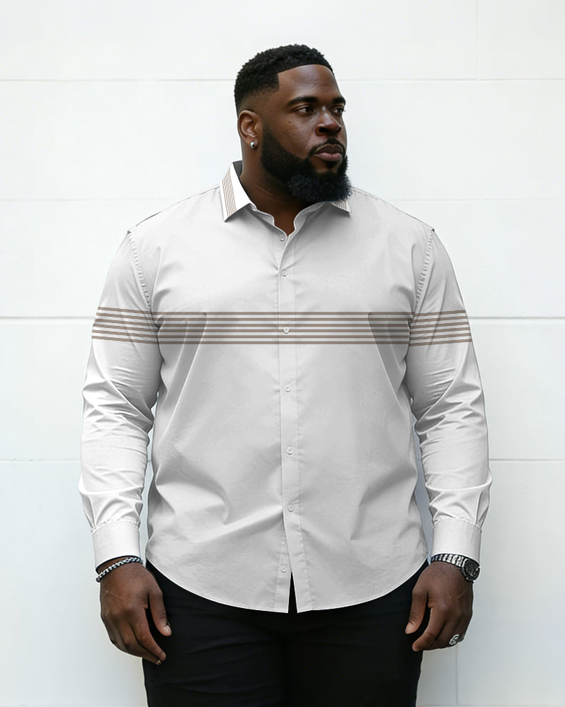 Big & Tall Men's Light Gray Bottom Brown Stripe Printed Long Sleeve Shirt