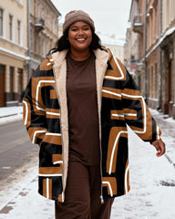 Women's Brown Geometric Print Velvet Thickened Long Hooded Coat