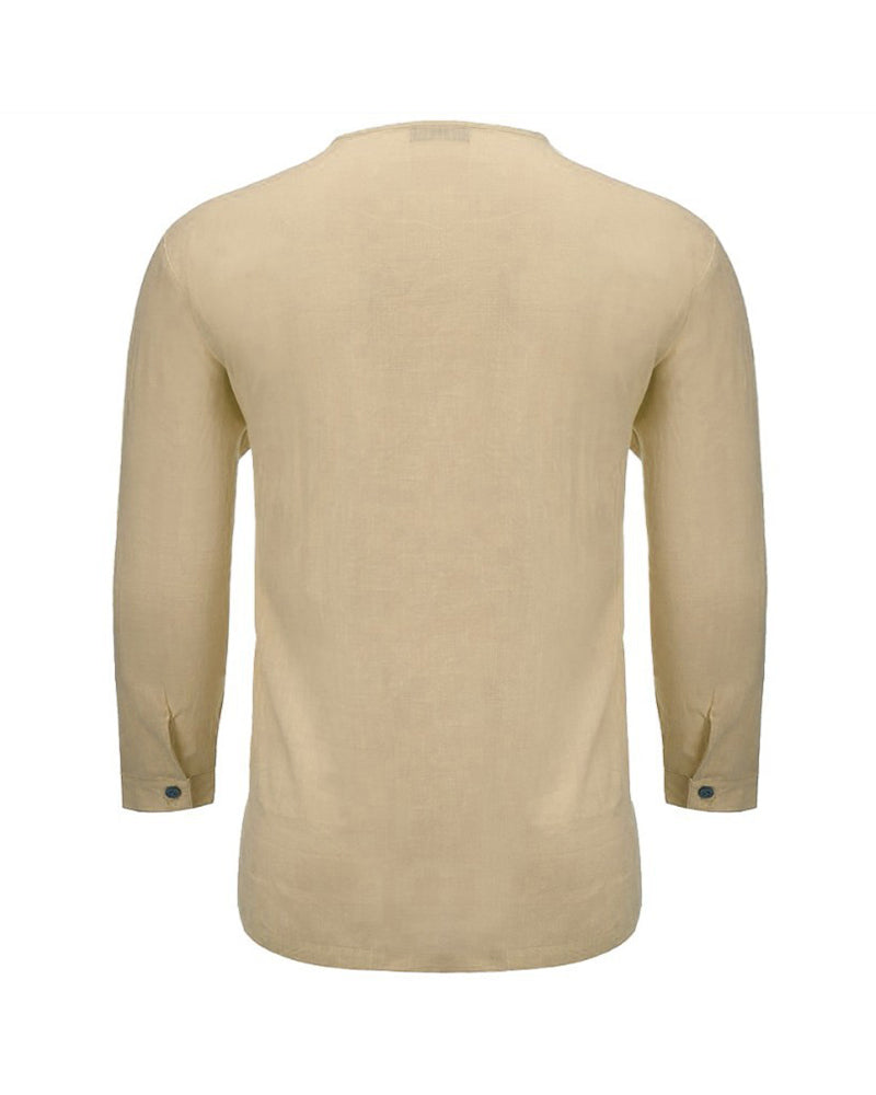 M-4XL Men's Long Sleeve V-Neck Cotton Linen Loose Shirt