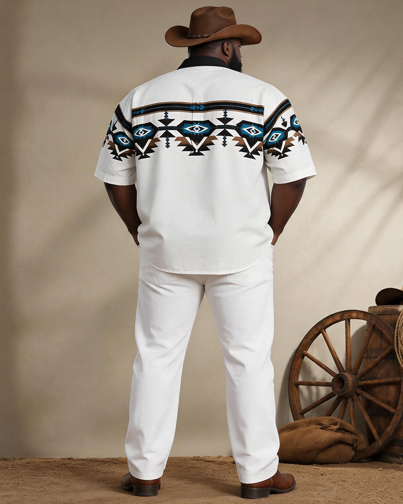 Big & Tall Men's White Base Color Navajo Tribe Geometric Print Short Sleeve Shirt Pants Set