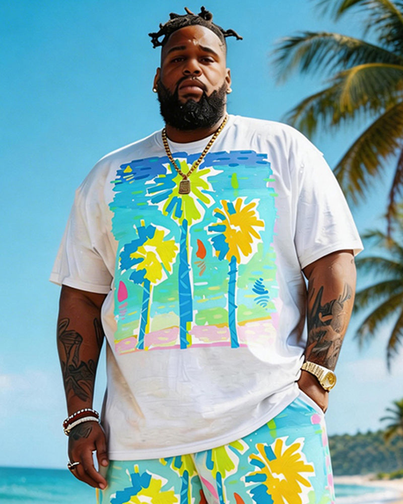 Big & Tall Men's Macaroon Coconut Hand-painted Wind Printed Round Neck Short-sleeved T-shirt Shorts Set