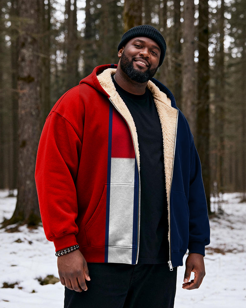 Big & Tall Men's Red, Blue And White Contrast Stitching Printed Velvet Padded Zipper Hoodie