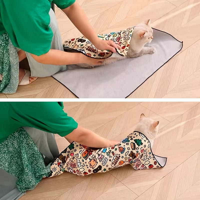 1pc Self-Adhesive Magic Wrap Cat Carrier Blanket - Cartoon Doodle Design with Stars, Clouds & Animals, Scratch-Resistant Escape-Proof Pet Wrap for Feeding, Grooming & Travel, Easy No-Roll Application, Grooming