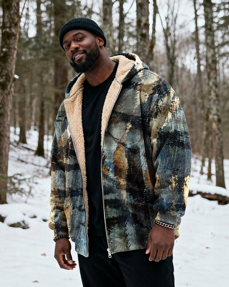 Big & Tall Men's Blue Brown Gold Abstract Textured Print Velvet Thickened Zip Hoodie