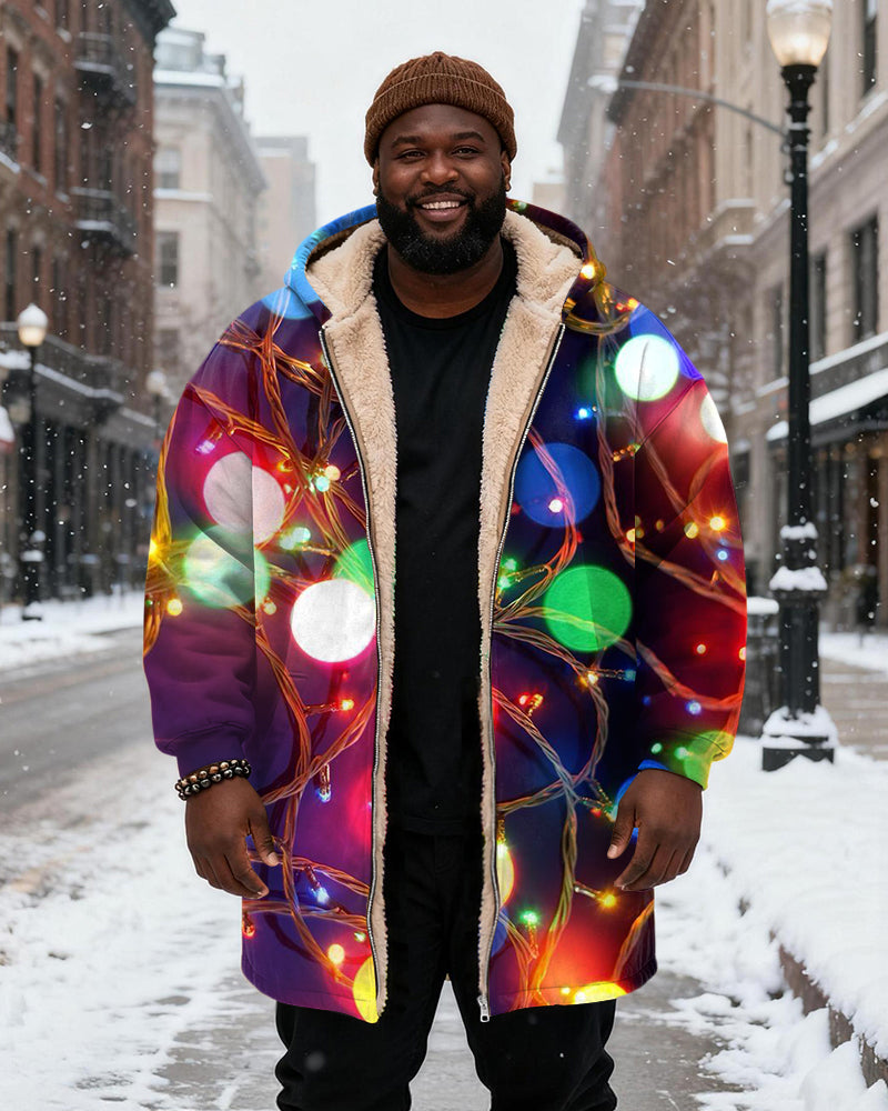 Big & Tall Men's Color Holiday Lights With Printed Velvet Thickened Long Hooded Coat