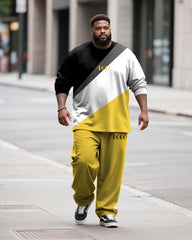 Big & Tall Men's Casual Colorblock Geometric Alphabet Print Long Sleeve T-Shirt Pants Set