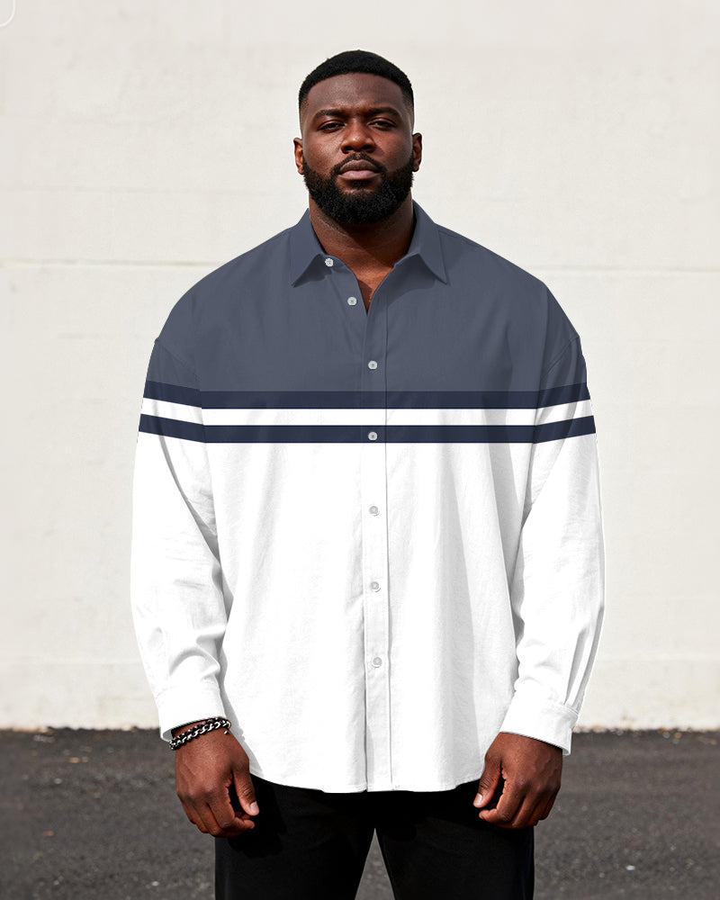 Big & Tall Men's Gray-white Contrast Double-striped Long-sleeved Shirt