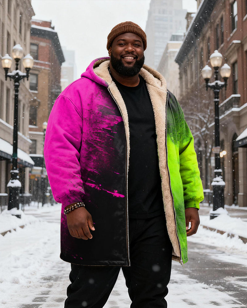 Big & Tall Men's Pink Green Gradient Printed Velvet Thickened Long Hooded Coat