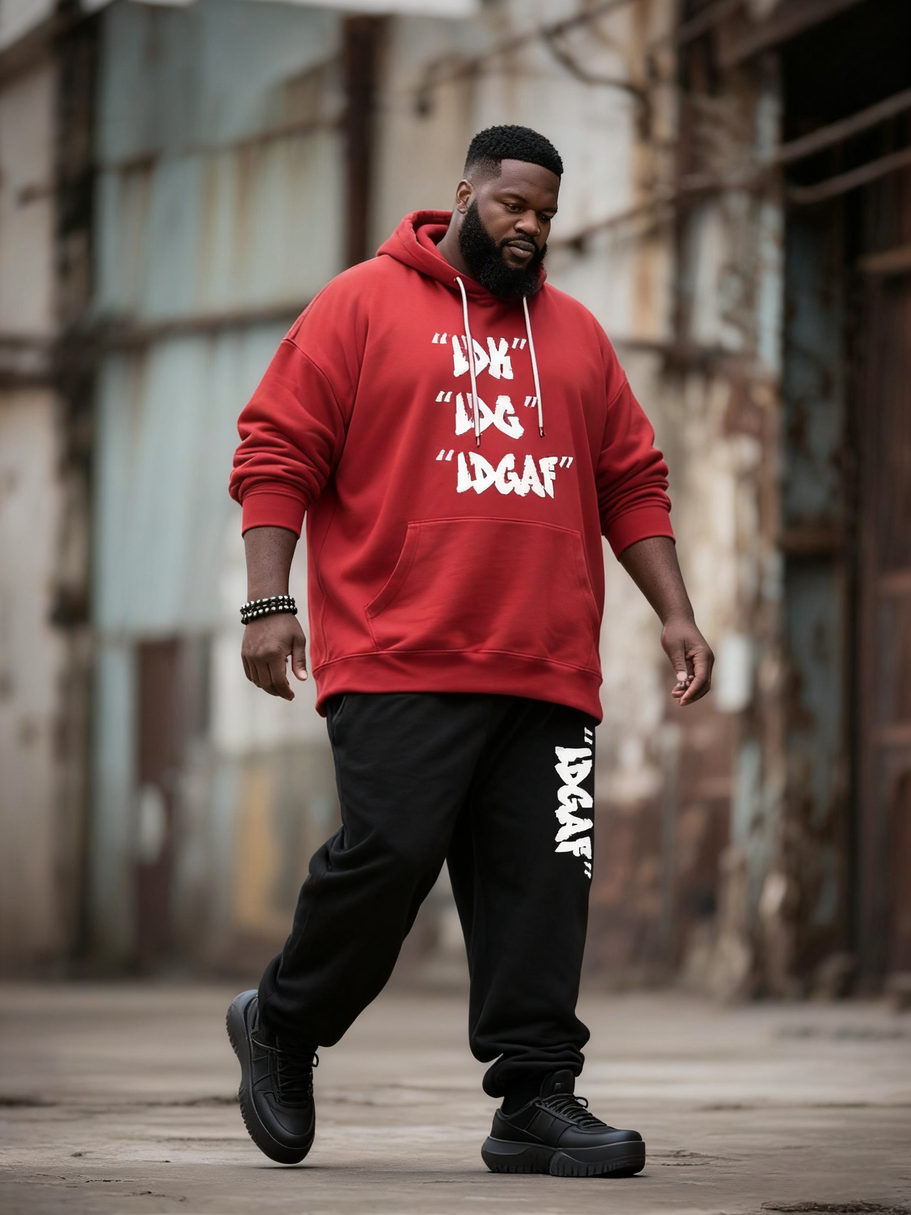 Big & Tall Men's Street Fashion Black Red Attitude Letter Print Hoodie Suit