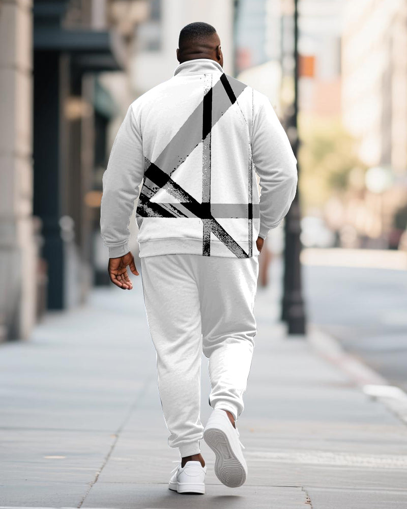 Big & Tall Men's Black And White Geometric Letter Printed POLO Collar Zipper Long Sleeve Pants Two-piece Set