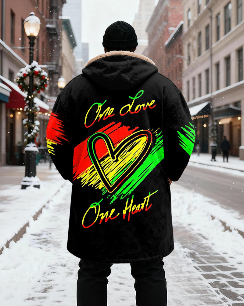 Big & Tall Men's Green, Yellow And Red "One Love" Love Theme Contrast Printed Velvet Thickened Long Hooded Coat