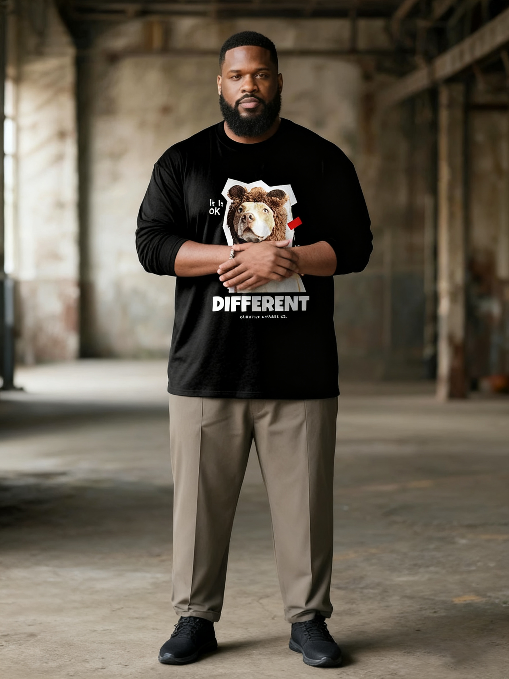 Big & Tall Men's Brown Bear Head Dog Graffiti Print Long Sleeve T-Shirt