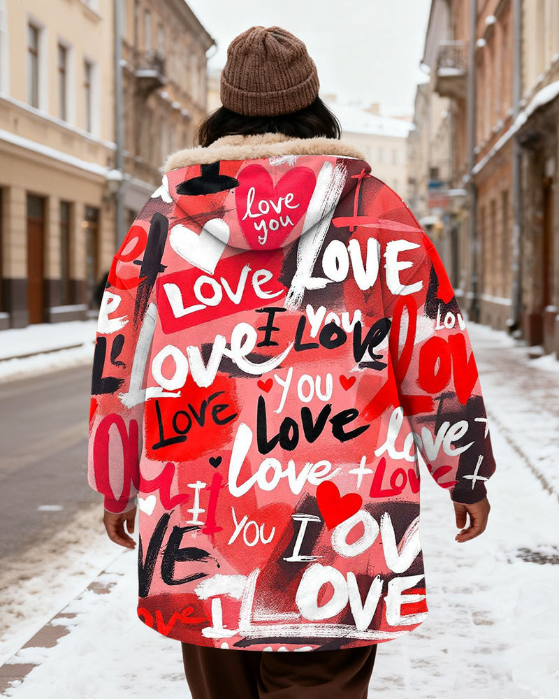 LOVE Graffiti Red And Black Contrast Printed Velvet Thickened Long Hooded Exterior