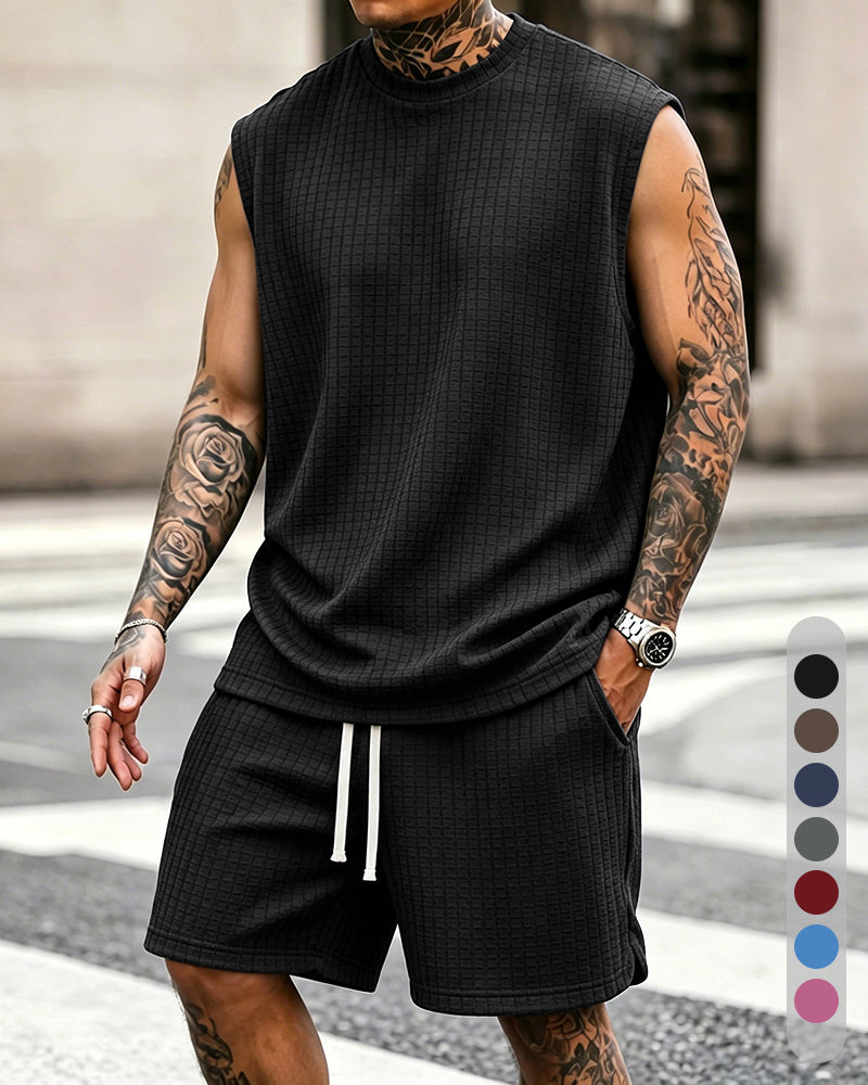 S-8XL Men's Solid-Color Ribbed Sleeveless Vest and Shorts Two-Piece Set