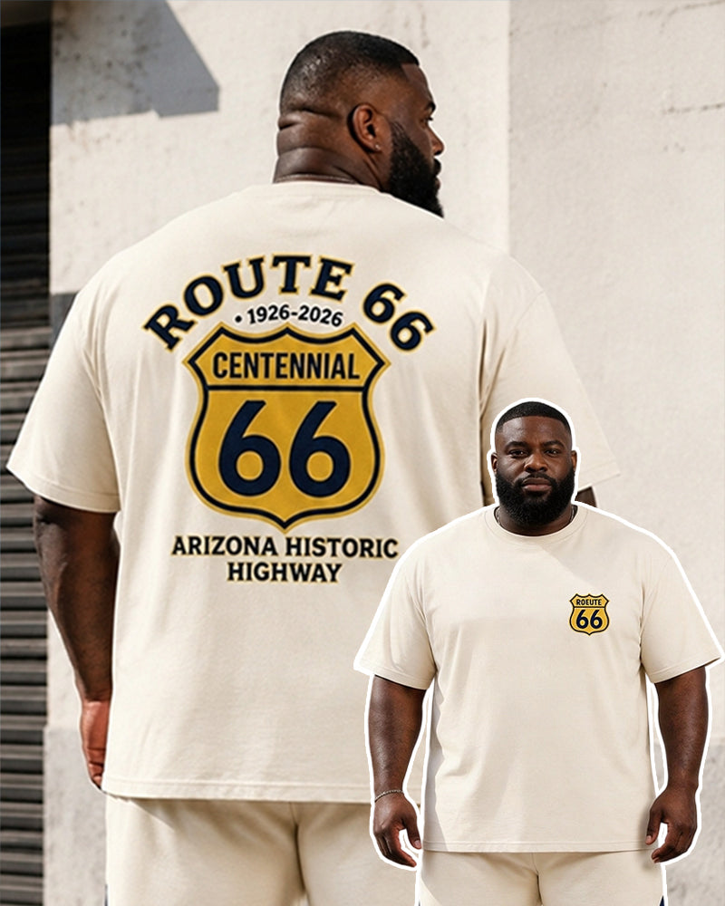 Big & Tall Men's Highway 66 Centennial Yellow Label Shield Printed Crewneck Short Sleeve T-Shirt Shorts Set