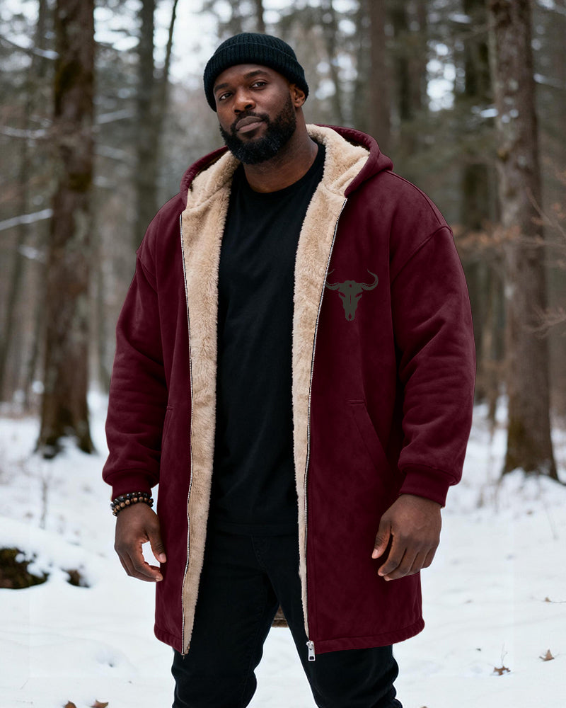 Big & Tall Men's Hunting Style Bull Totem Print Velvet Thickened Long Hooded Coat