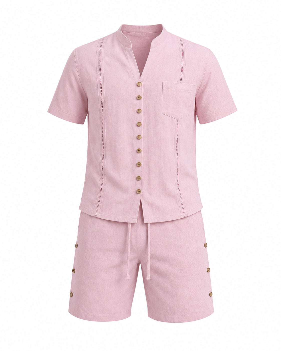 Men's Linen Solid Color Breathable Eco-Friendly Comfortable Retro Casual Button V-Neck Cardigan Short Sleeve Shirt Shorts Set