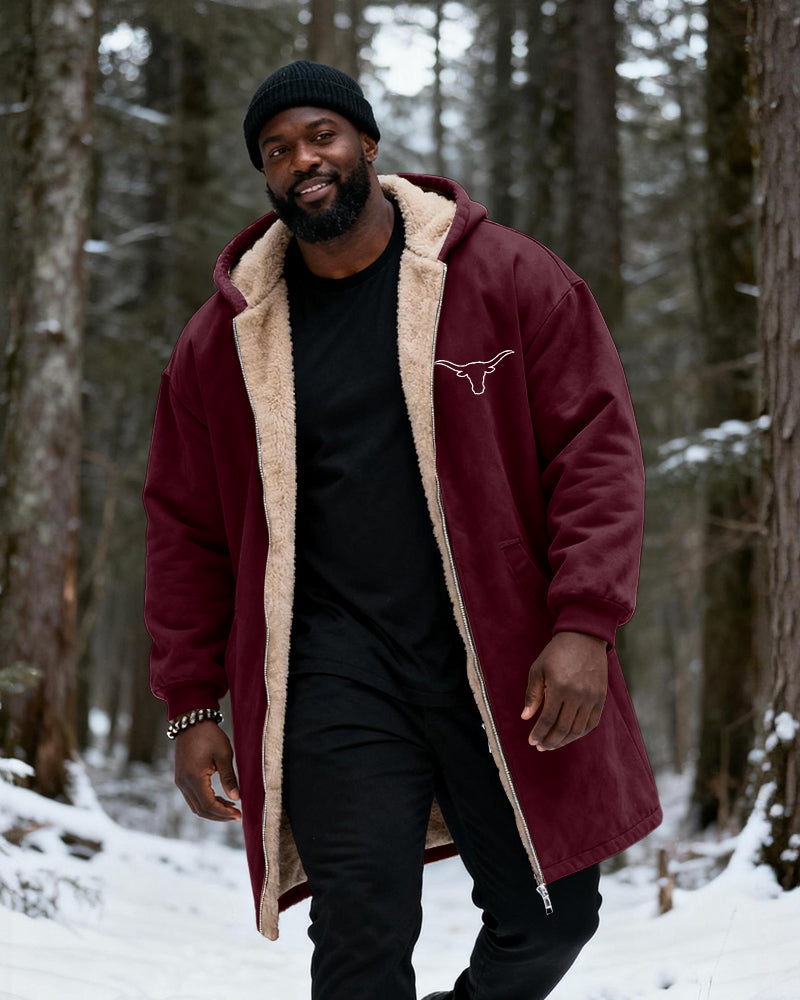 Big & Tall Men's Hunting Style Bull Totem Print Velvet Thickened Long Hooded Coat