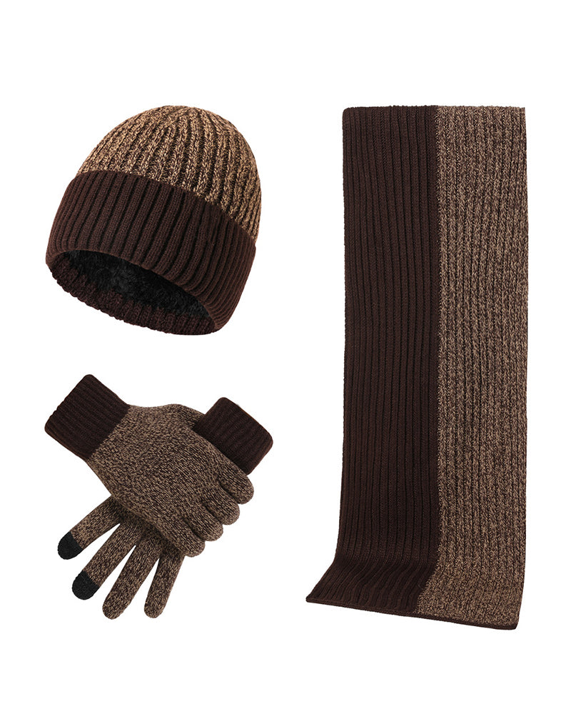 Autumn And Winter New Color Matching Knitted Hat Thickened Scarf Gloves Three-piece Set