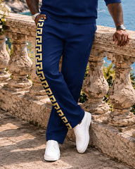 Big & Tall Men's Navy Blue Gold Greek Key Pattern Half Zip Sweatshirt Set