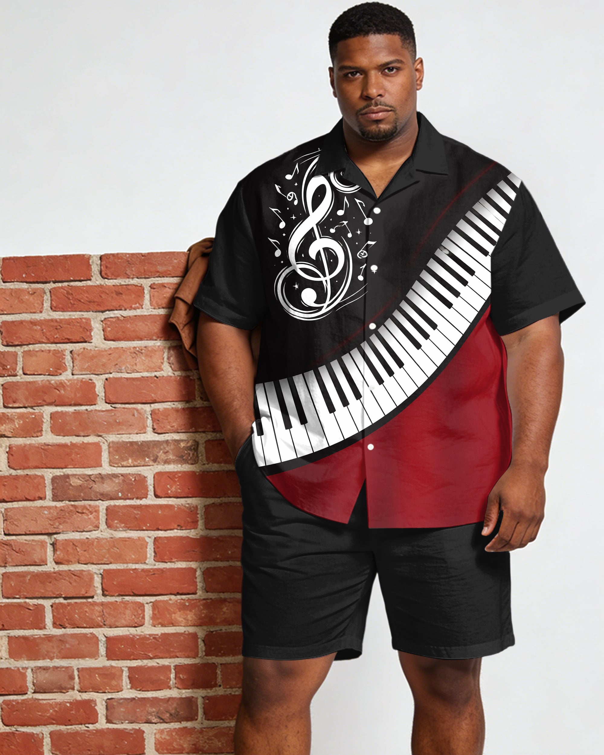 Big & Tall Men's Music Black & Red Guitar Print Short Sleeve Shirt Shorts Set