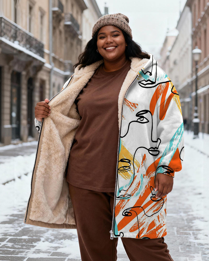 Women's Rice White Color Women's Face Art Printed Velvet Thickened Long Hooded Coat