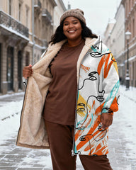 Women's Rice White Color Women's Face Art Printed Velvet Thickened Long Hooded Coat