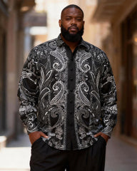 Big & Tall Men's Vintage Black And White Cashew Flower Print Long Sleeve Shirt