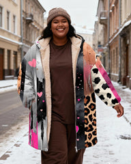 Women's Love Leopard Print Stitching Graffiti Print Velvet Thickened Long Hooded Coat
