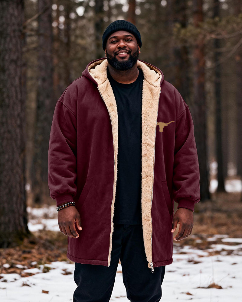 Big & Tall Men's Hunting Style Bull Totem Print Velvet Thickened Long Hooded Coat