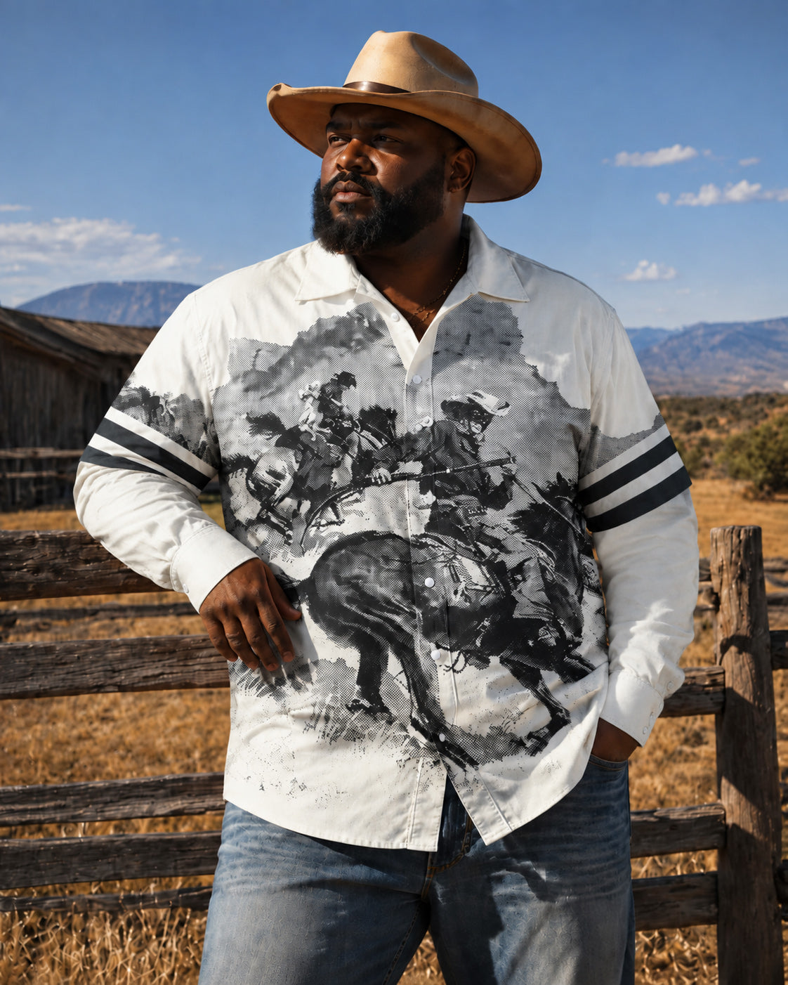 Big & Tall Men's Western-style Ink-Wash Horse Racing Print Long Sleeve Shirt