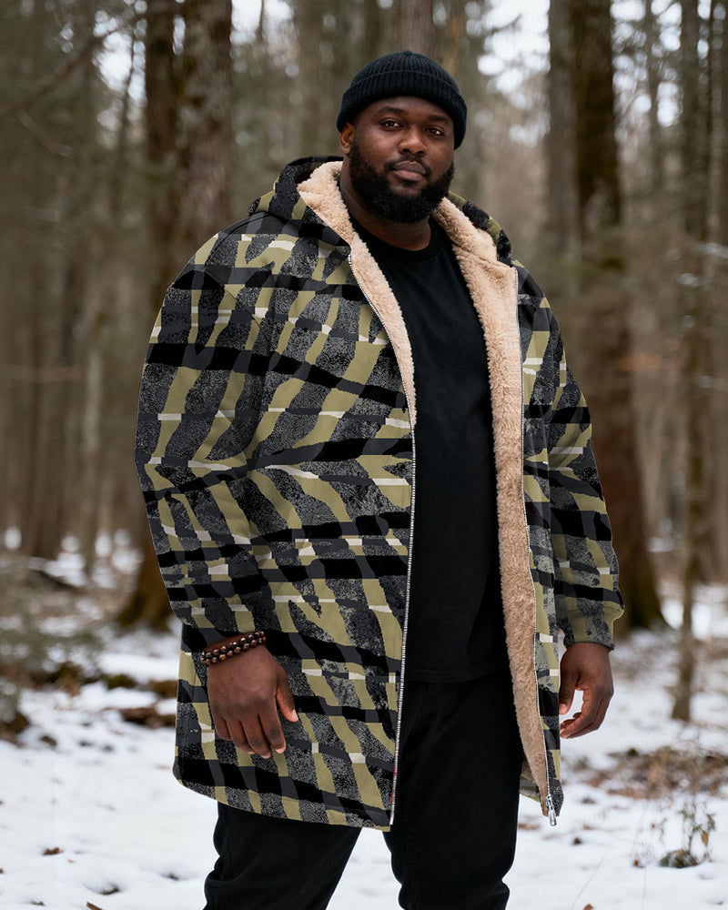 Big & Tall Men's Hunting Style Black Yellow Green Check Zebra Print Velvet Thickened Long Hooded Coat